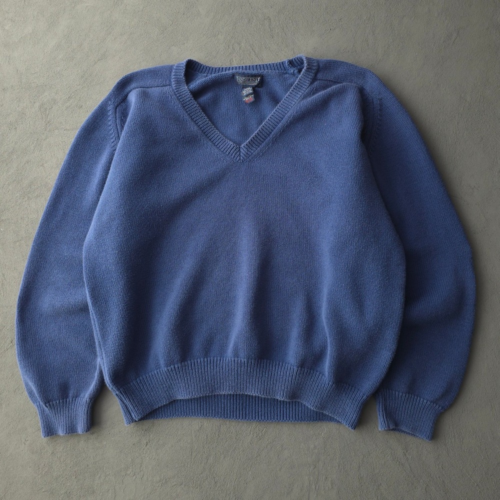 Vintage 90s Lands End Blue V-neck Sweater Size L Drifter Cotton USA